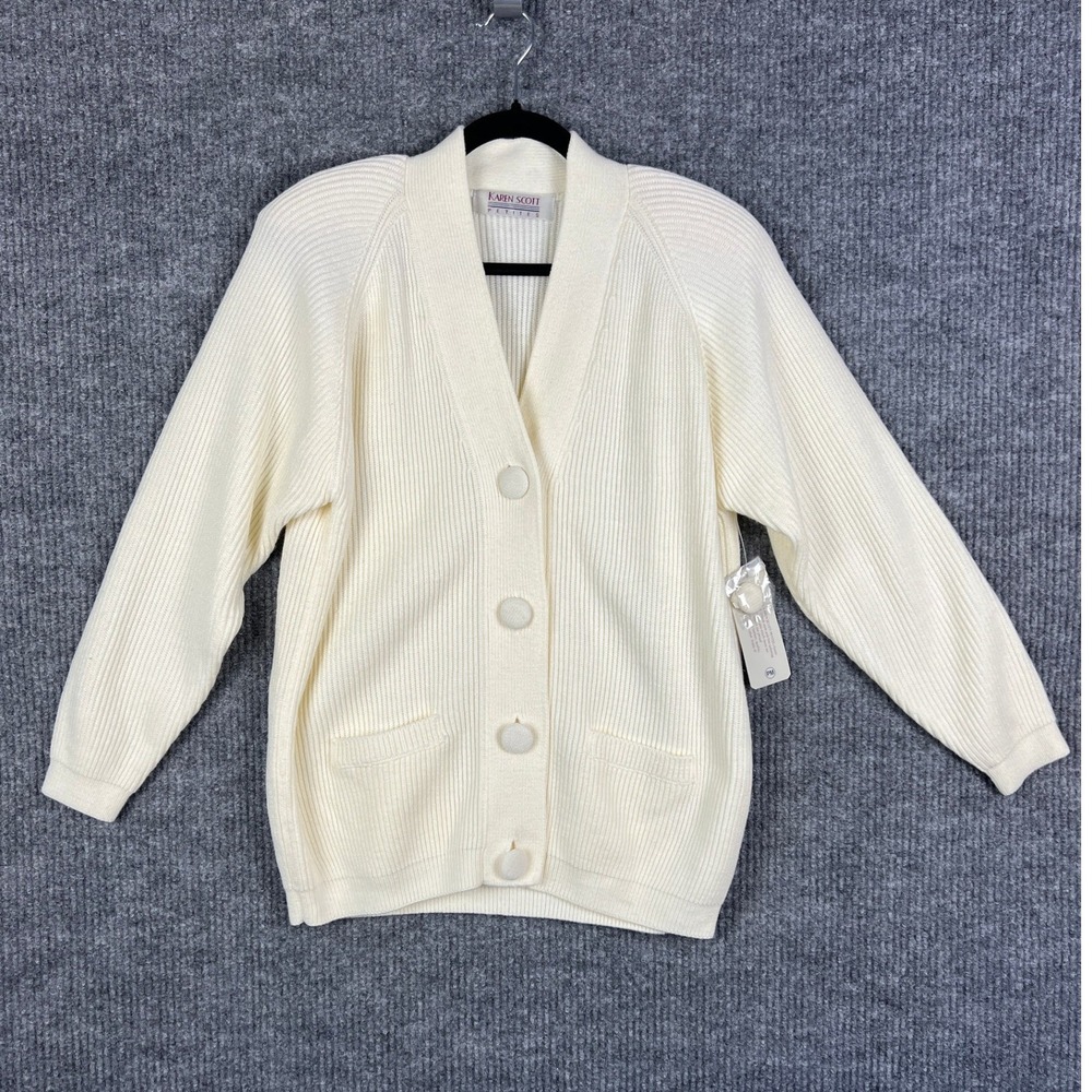 Coastal Preppy Fisherman Cardigan Petite S Deadstock 80s Ivory Ribbed Knit